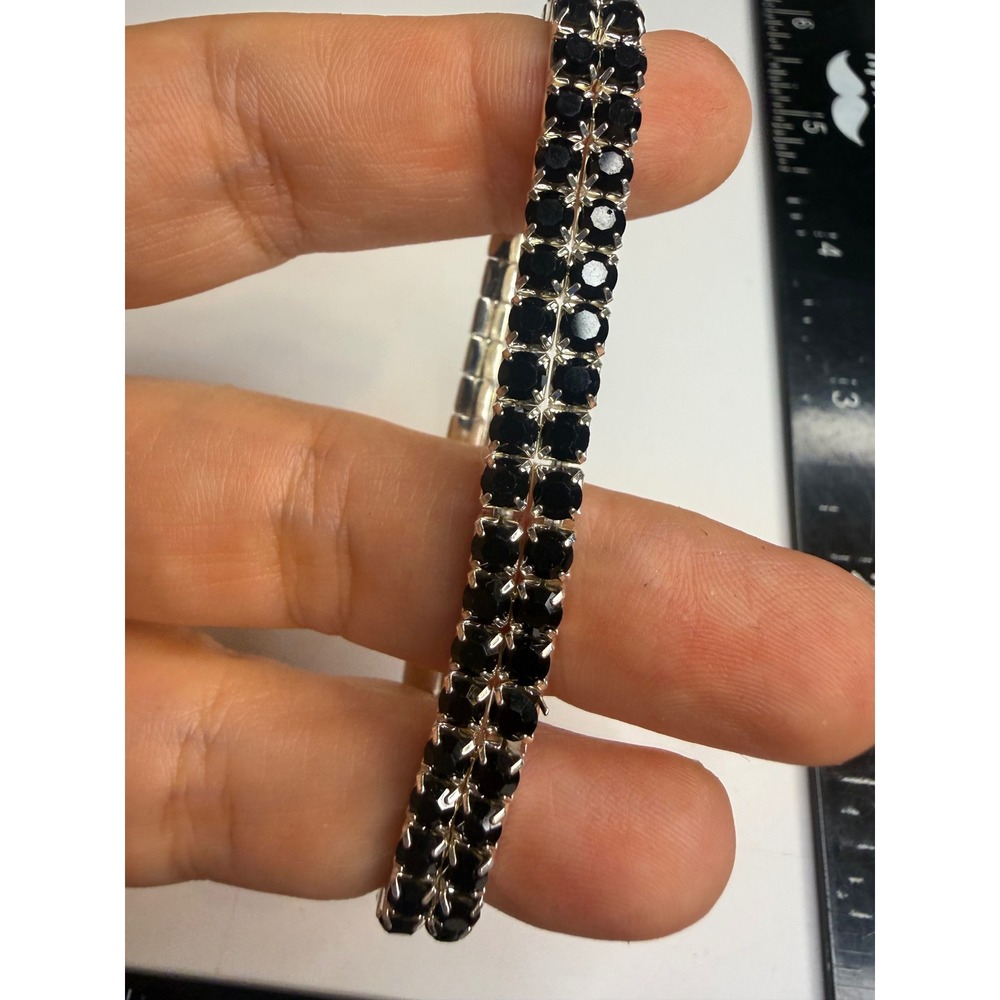 Black Rhinestone Double Row Stretch Bracelet Silver Tone Tennis Style Jewelry